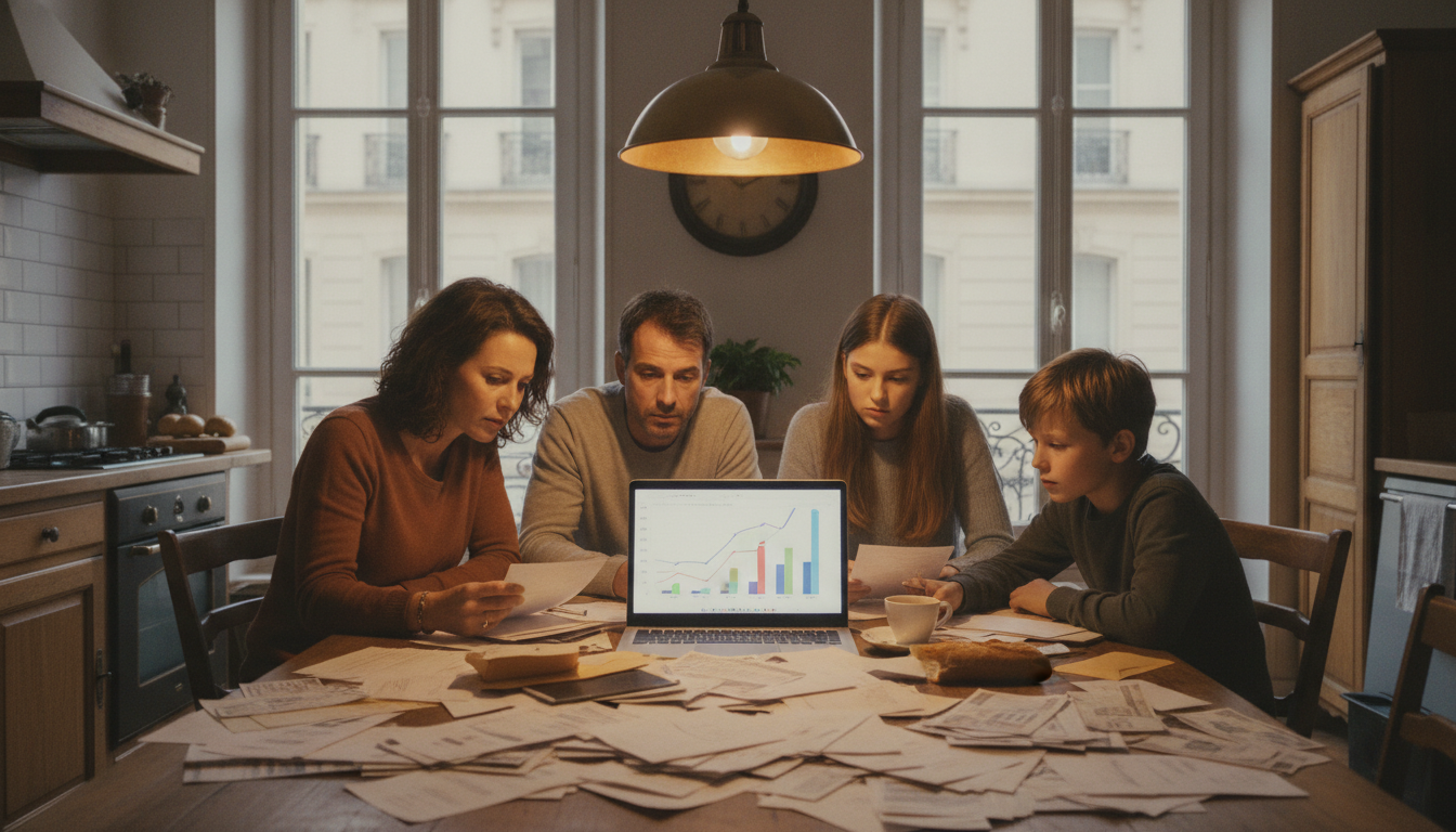 Famille française consultant ses factures d'énergie à table