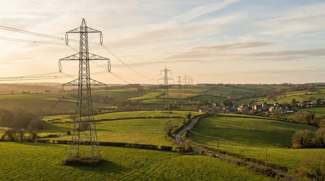Pylônes électriques dans la campagne française sous un ciel doux