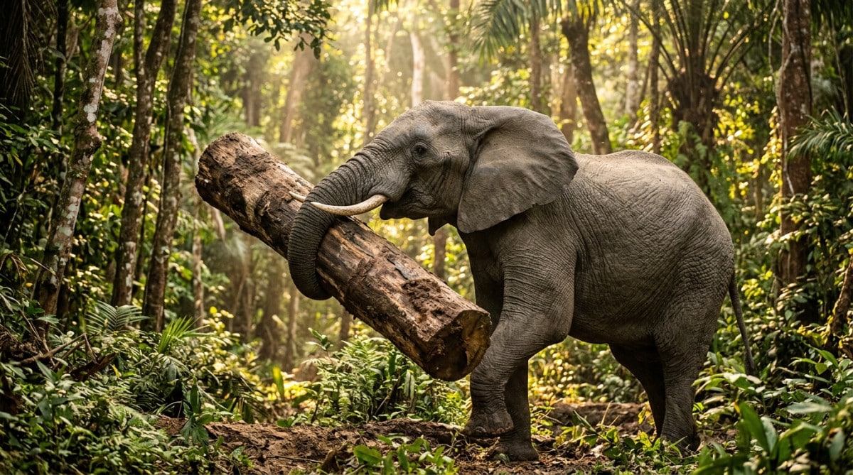 Éléphant soulevant un tronc d'arbre avec sa trompe