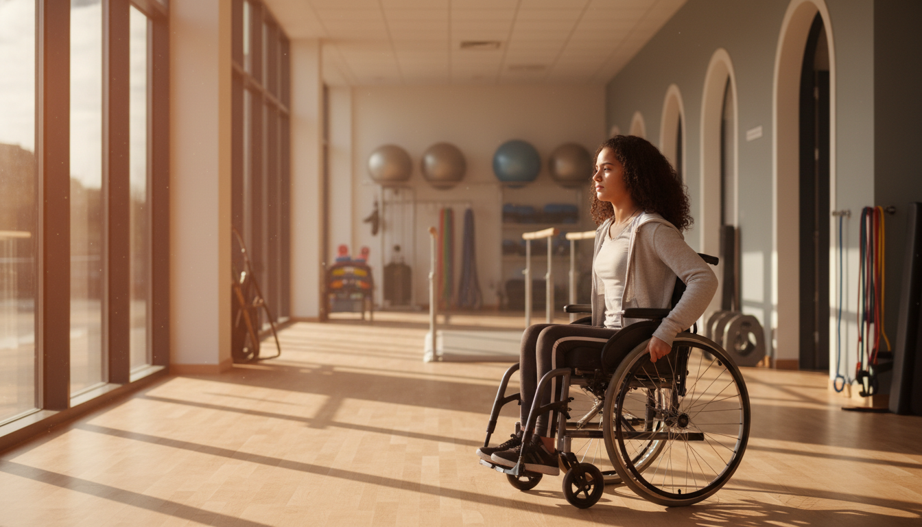 Adolescente en fauteuil roulant dans un centre de rééducation