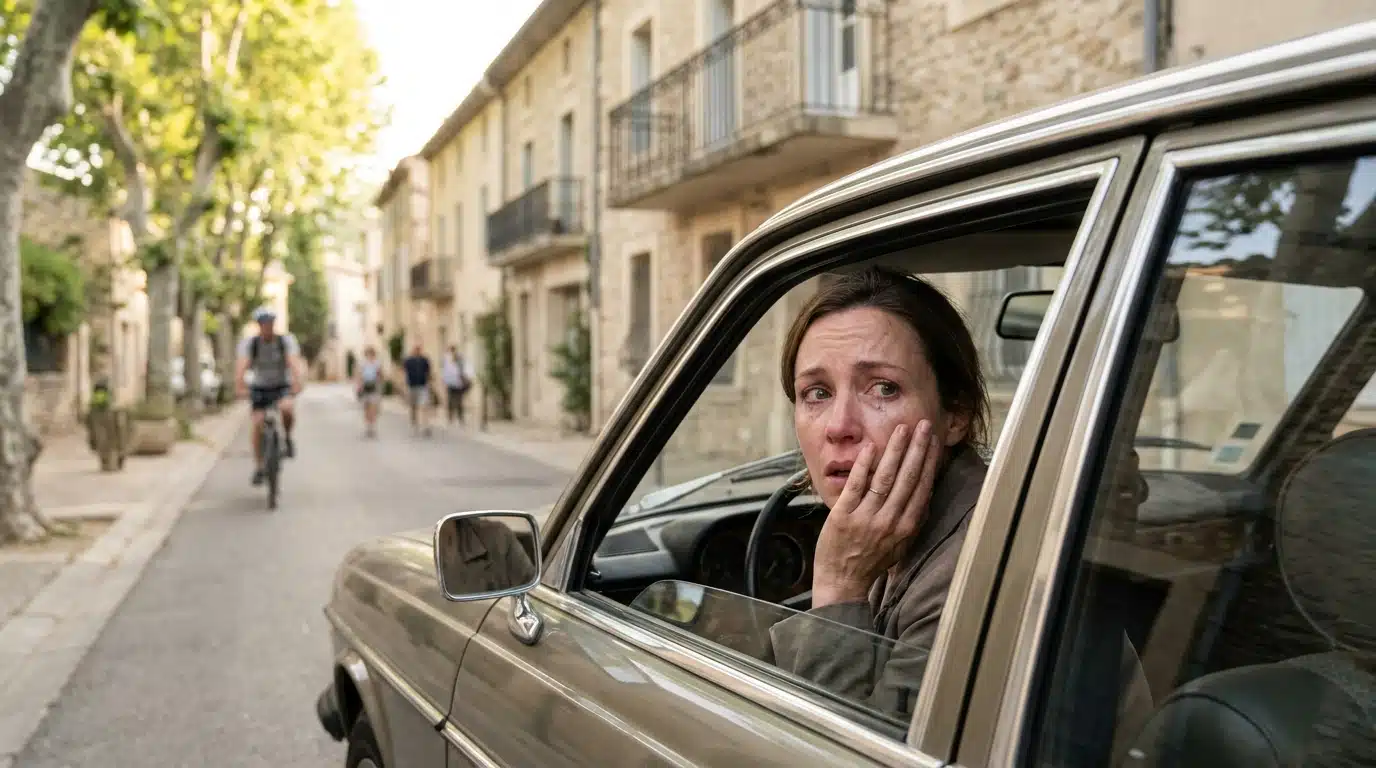 Femme choquée assise dans sa voiture vitre ouverte