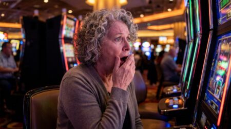 Femme stupéfaite devant une machine à sous de casino