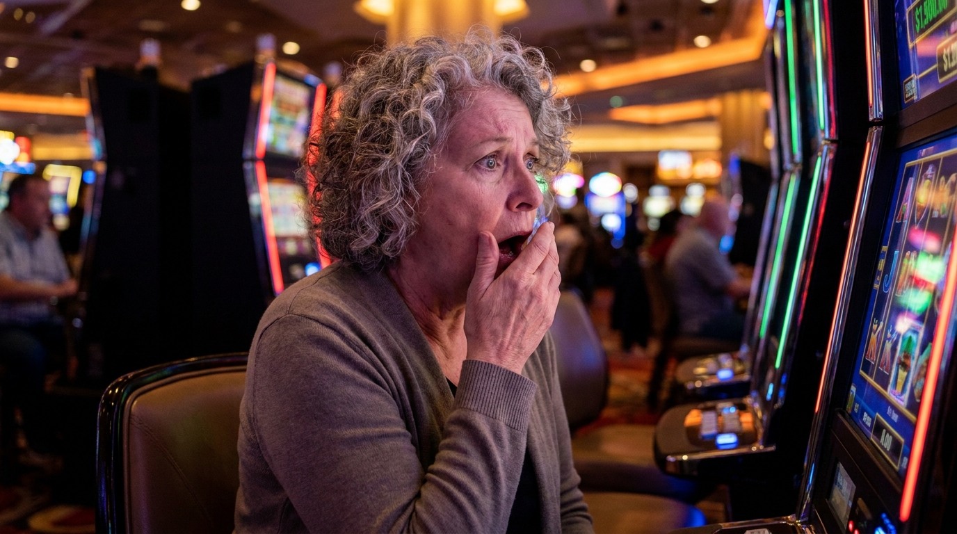 Femme stupéfaite devant une machine à sous de casino