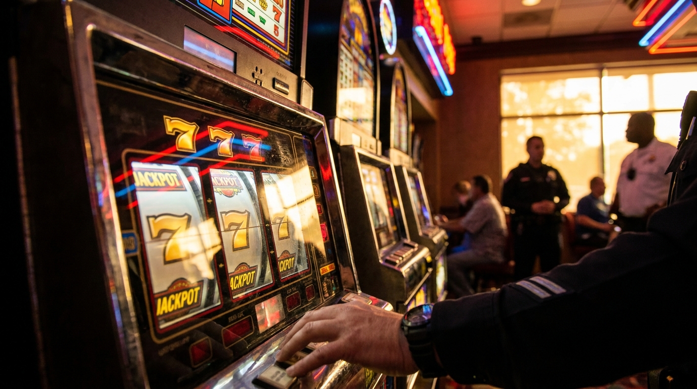 Machine à sous affichant un jackpot avec main de policier