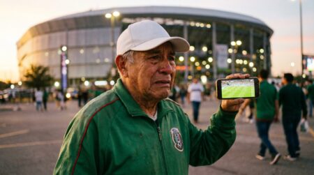 Homme âgé en tenue mexicaine devant un stade
