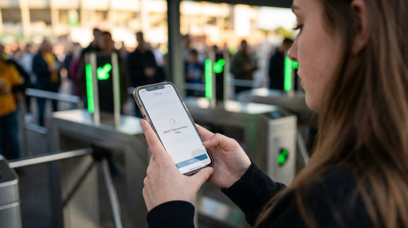 Smartphone affichant une erreur de billet devant un stade