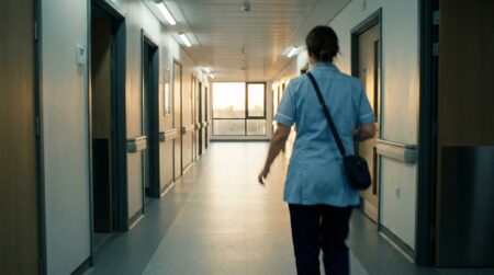 Femme en blouse bleue marchant dans un couloir d'hôpital