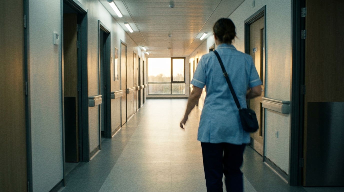 Femme en blouse bleue marchant dans un couloir d'hôpital