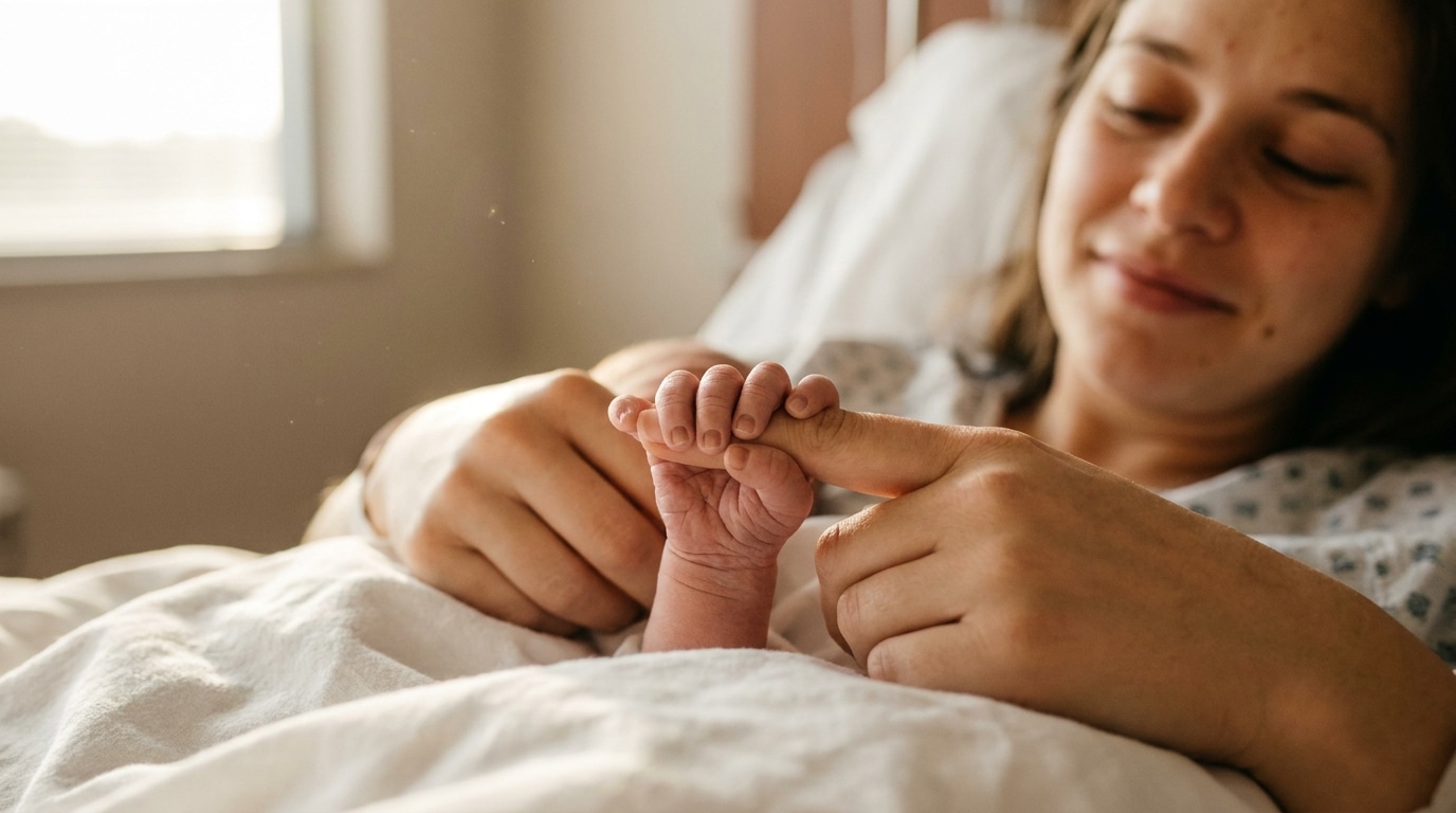 Main de nouveau-né agrippant un doigt dans une maternité
