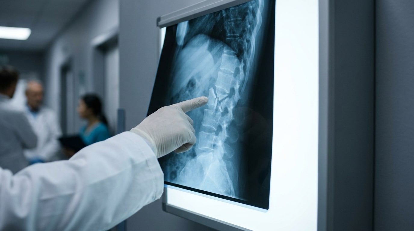 Radiographie de colonne vertébrale avec fractures sur panneau lumineux