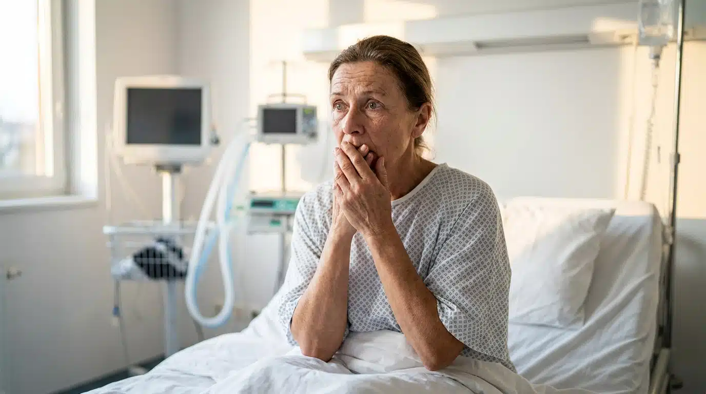 Femme en blouse d'hôpital assise sur un lit médical, visage choqué
