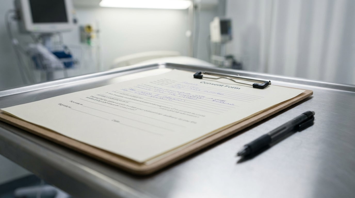 Formulaire de consentement médical posé sur un bureau d'hôpital