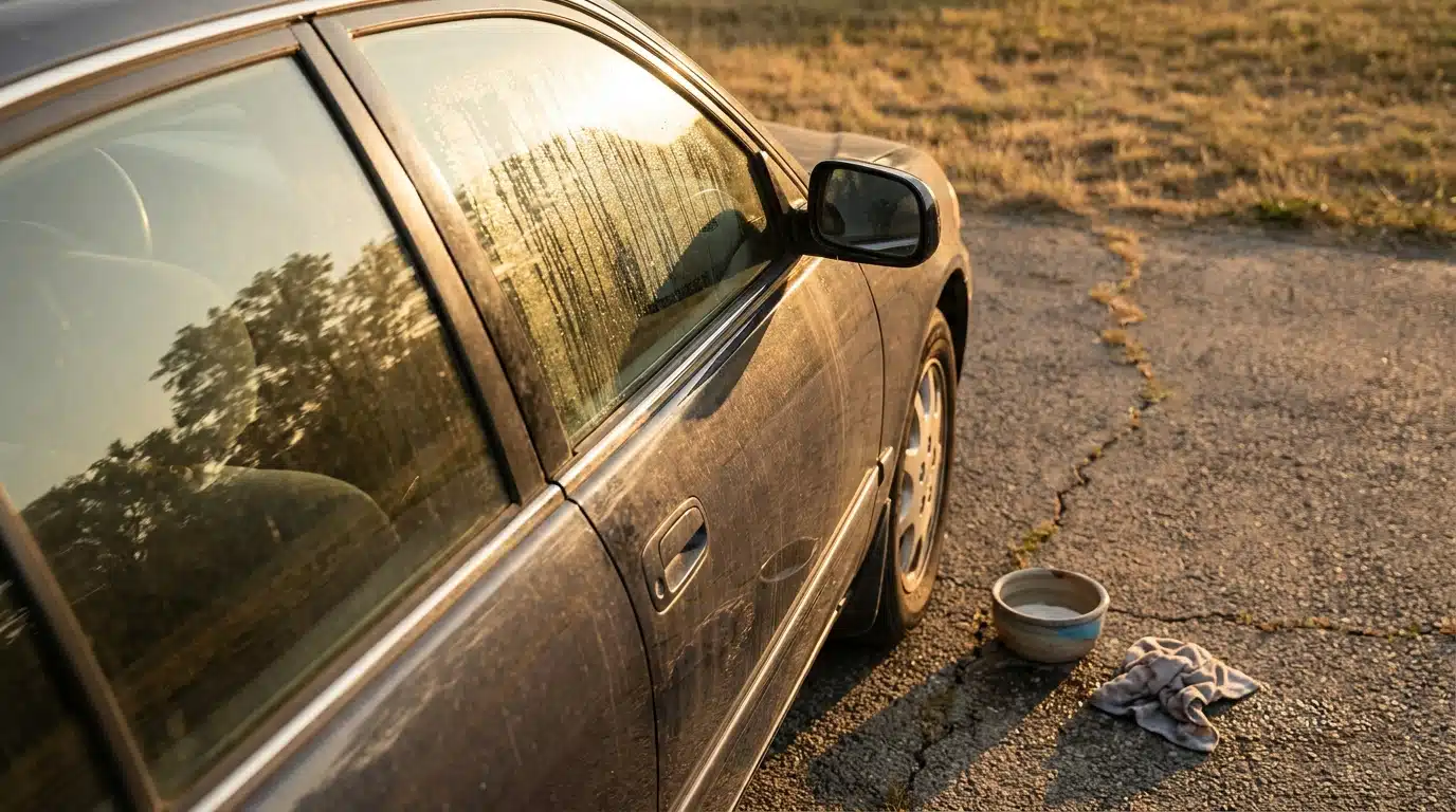 Gamelle d'eau posée au sol près d'une portière de voiture