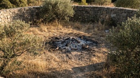 Cendres froides dans un foyer de jardin provençal
