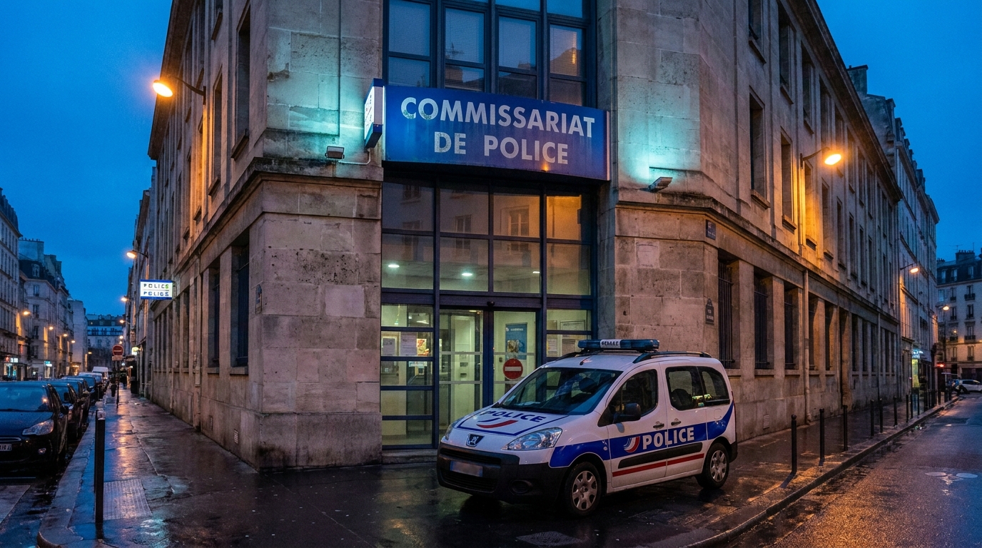 Façade d'un commissariat de police français au crépuscule