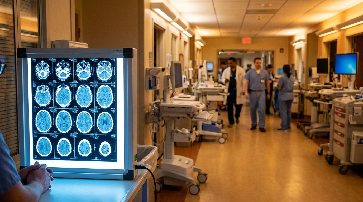 Scanner cérébral affiché sur un négatoscope à l'hôpital