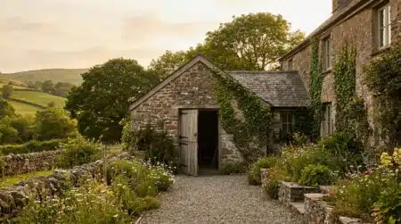 Ancien bâtiment de ferme en pierre dans un jardin gallois