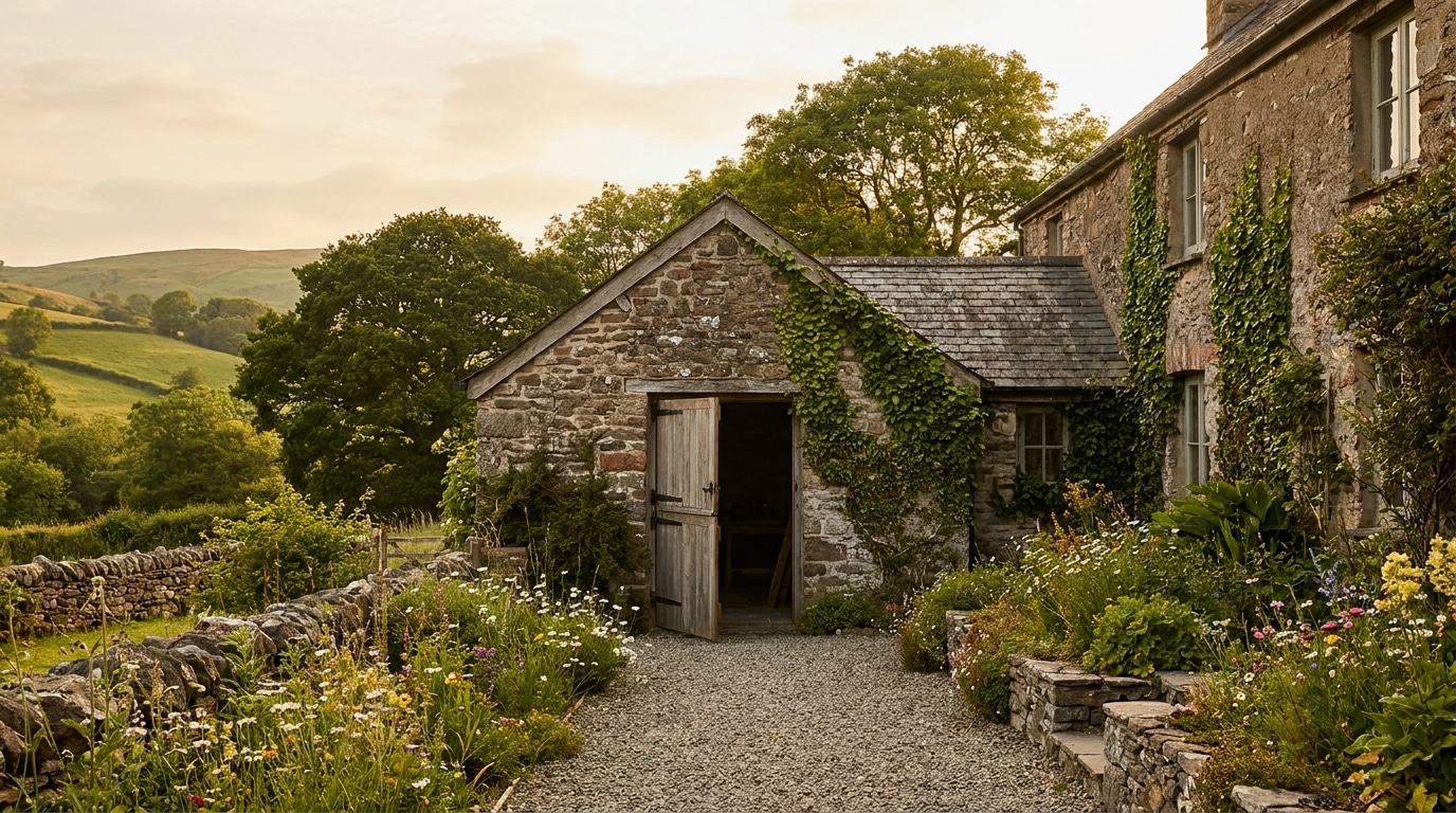 Ancien bâtiment de ferme en pierre dans un jardin gallois