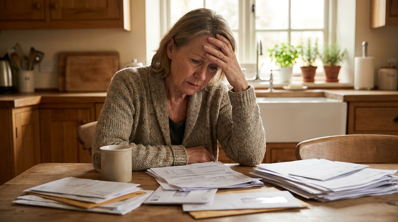 Femme retraitée préoccupée devant des factures à sa table