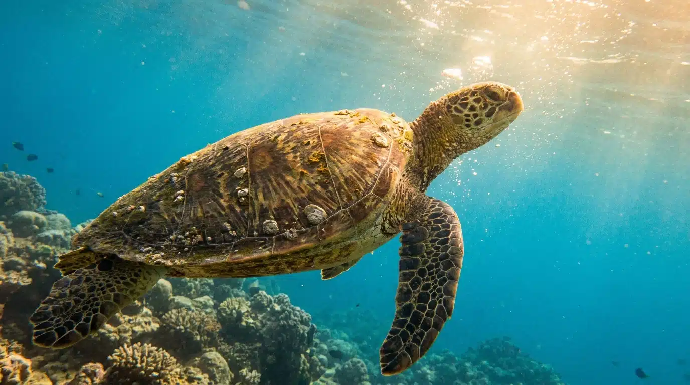 Tortue marine nageant dans l'océan, illustrant la vidéo de Patrick Bruel qui refait surface