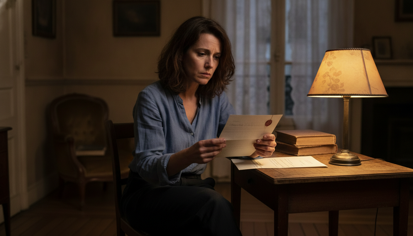 Femme inquiète lisant un courrier de la CAF