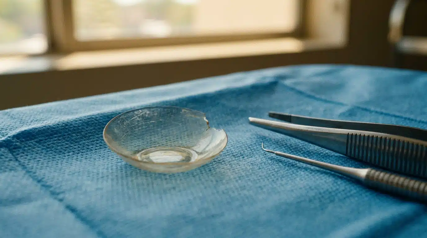 Lentille de contact rigide abîmée posée sur un champ opératoire