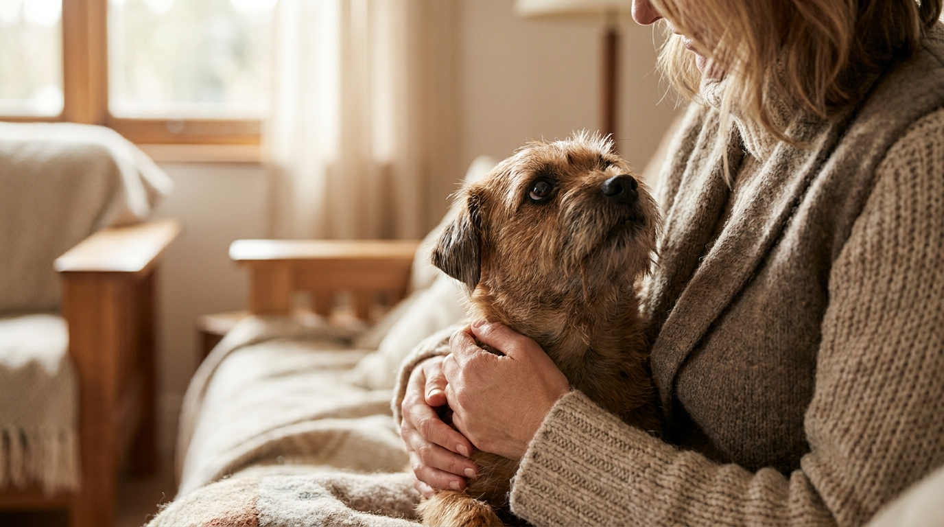 Mains tenant un petit chien brun contre la poitrine