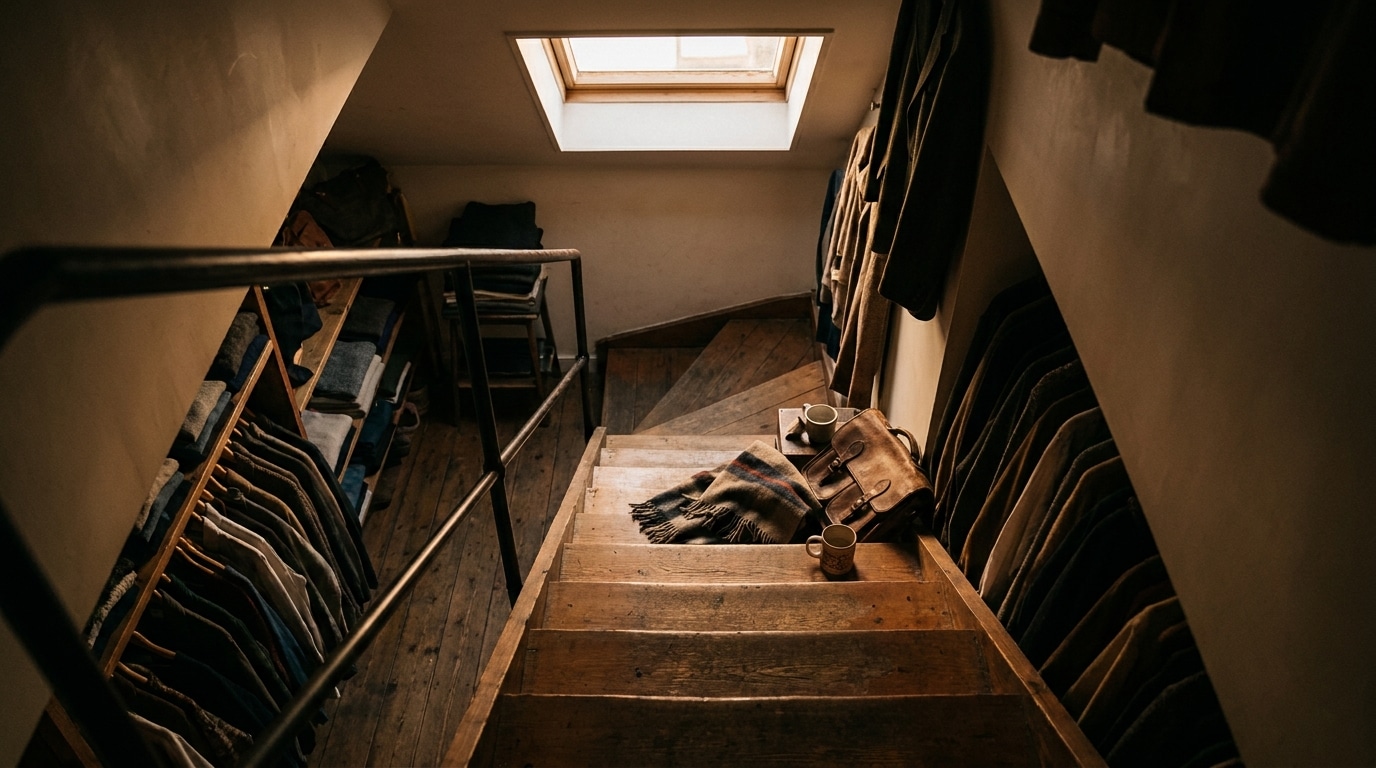Escalier étroit dans un magasin de vêtements avec affaires éparpillées