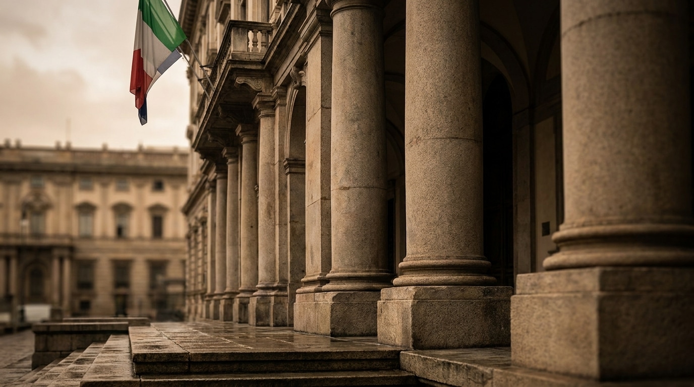 Façade d'un tribunal italien avec colonnes et drapeau