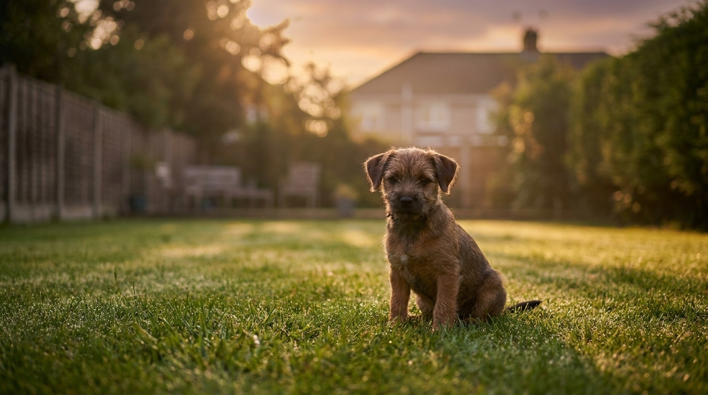 Petit chiot brun seul sur une pelouse verte au crépuscule