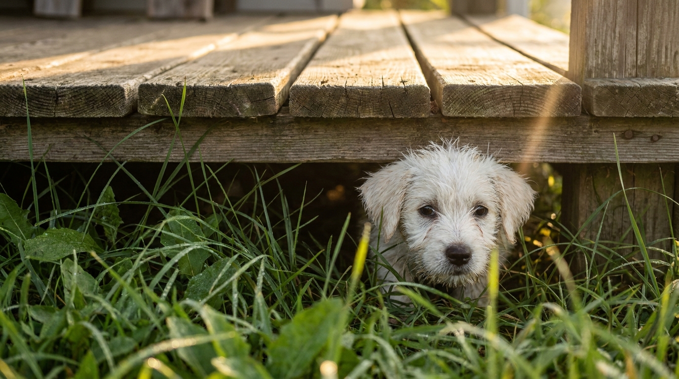 Chiot blanc trempé sous une terrasse en bois au matin