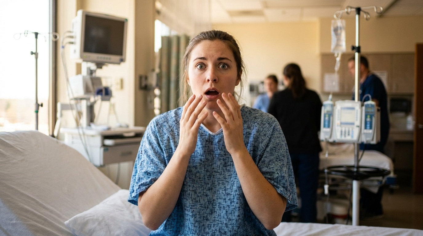 Jeune femme choquée assise sur un lit d'hôpital aux urgences