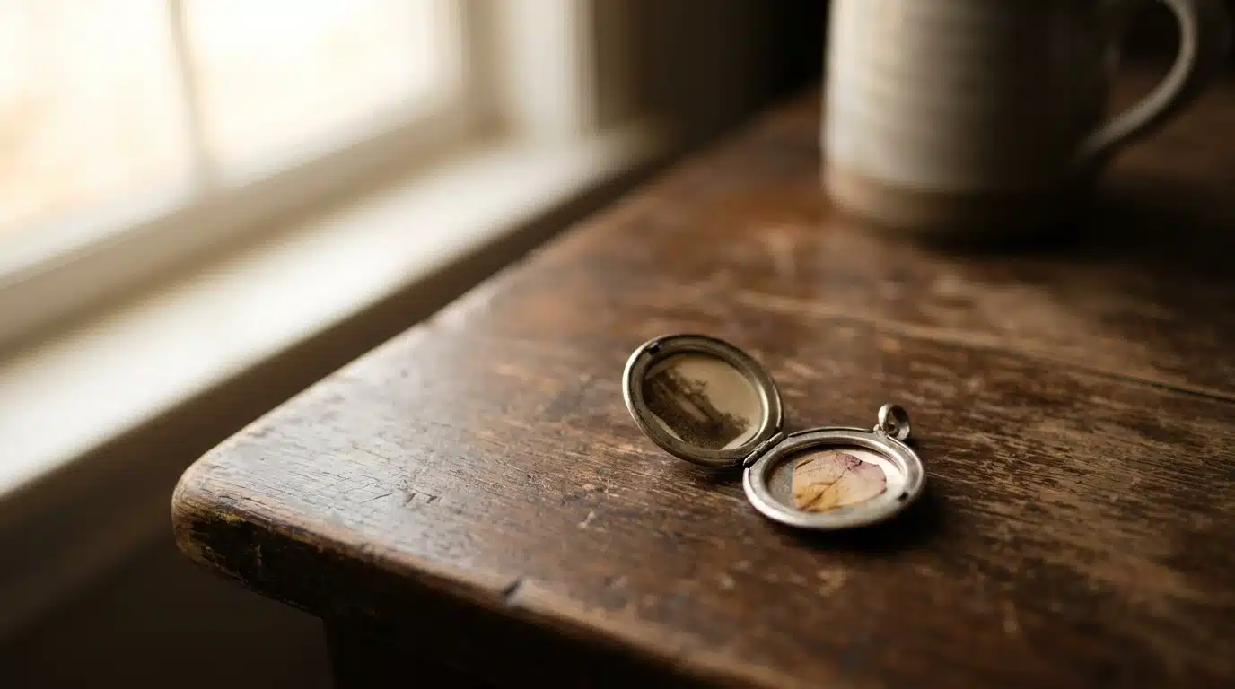 Médaillon en argent ouvert posé sur une table sombre