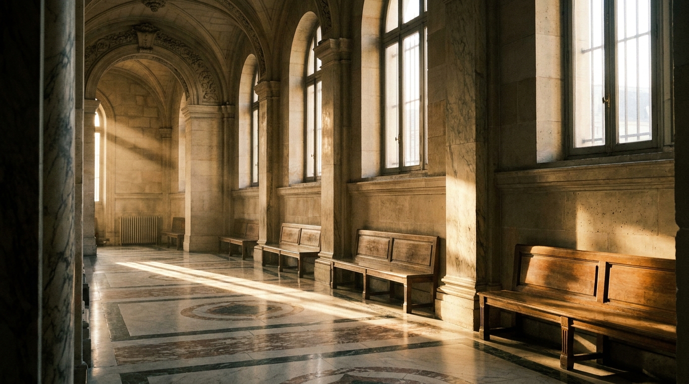 Couloir intérieur d'un tribunal français baigné de lumière