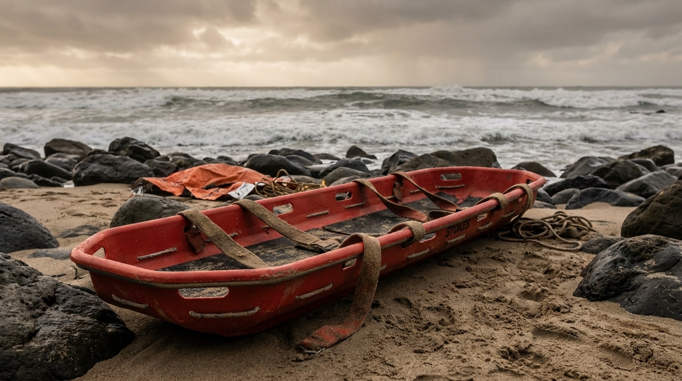 Brancard de sauvetage posé sur le sable près de l'océan