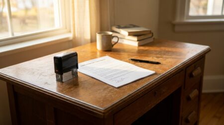 Contrat de travail posé sur un bureau avec tampon officiel