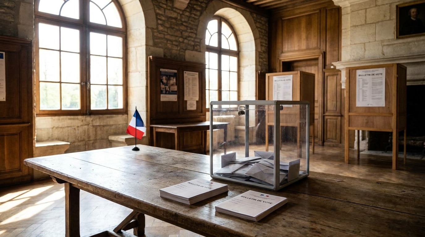 Urne transparente et bulletins de vote dans un bureau de vote français