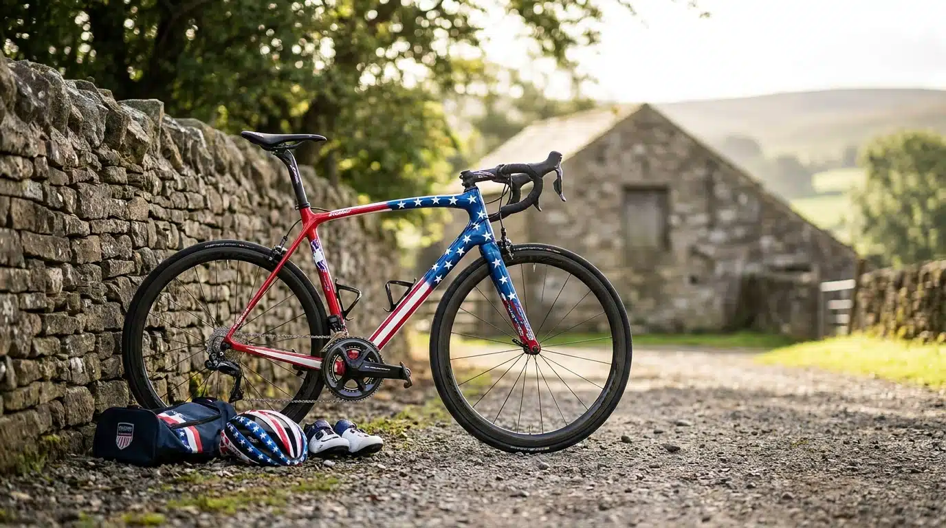 Un vélo de route haut de gamme aux couleurs du drapeau américain, cadeau diplomatique du G7