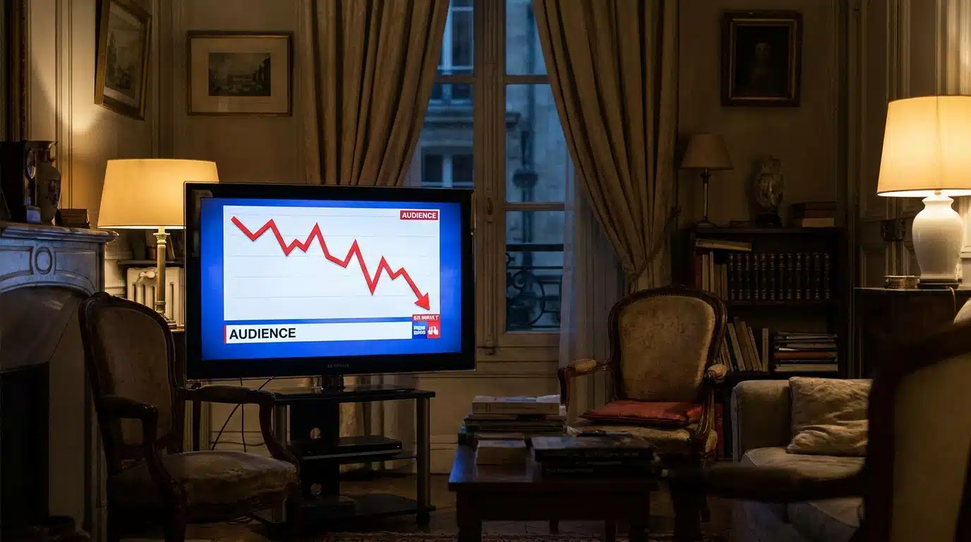 Écran de télévision affichant une courbe d'audience en déclin lors d'une émission politique sur France 2