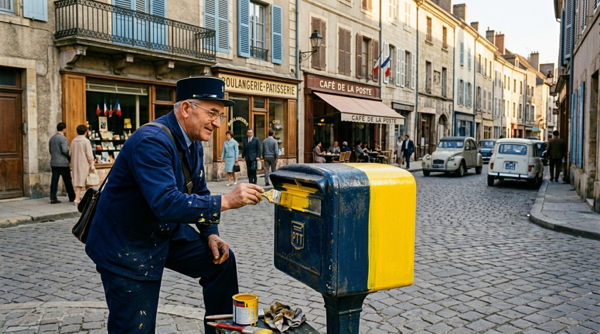 Employé des PTT repeignant une boîte aux lettres en jaune dans les années 1960