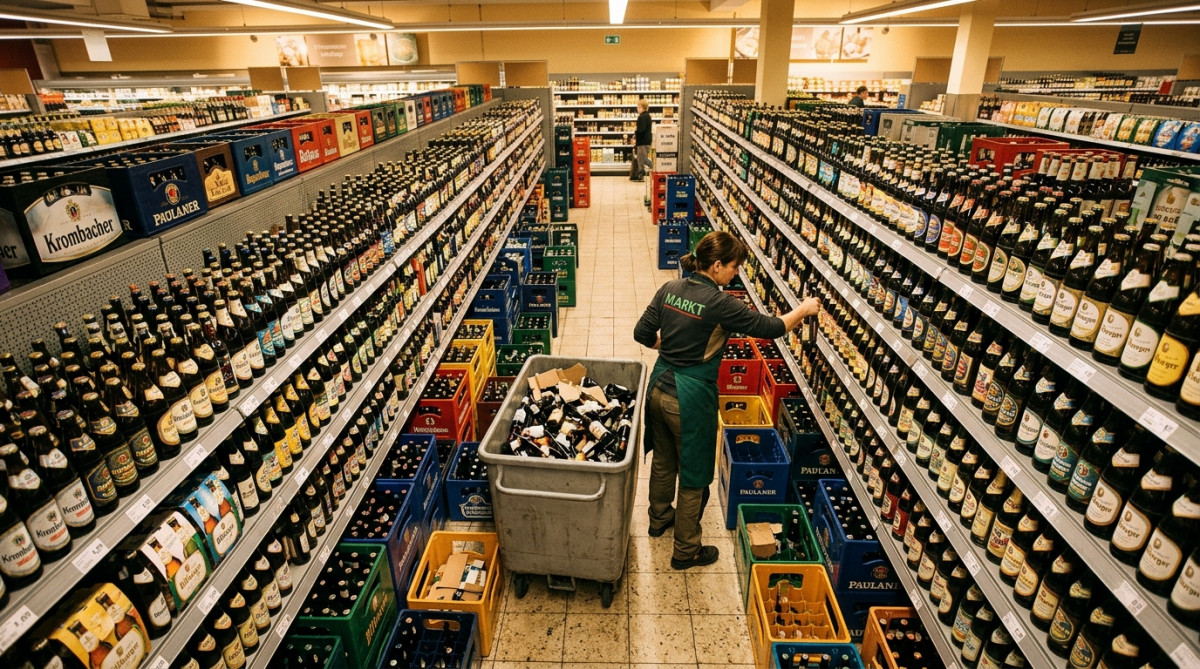 Employé retirant des bières périmées d'un rayon de supermarché allemand