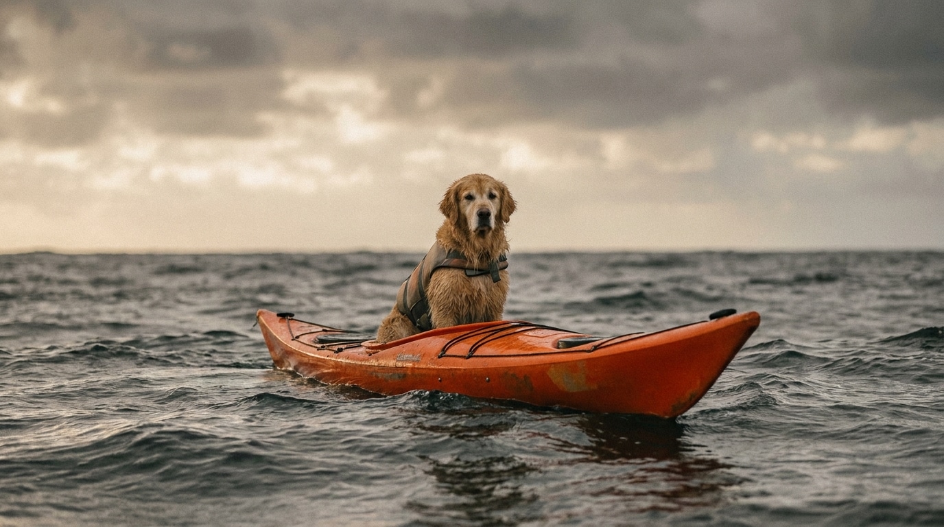 Chien seul dans un kayak orange dérivant en pleine mer