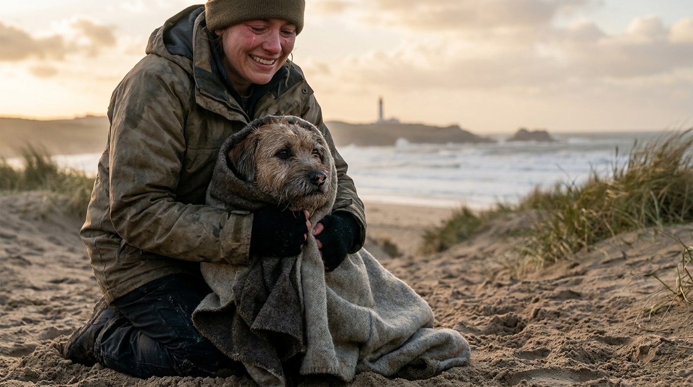 Personne enveloppant un chien mouillé dans une couverture sur la plage
