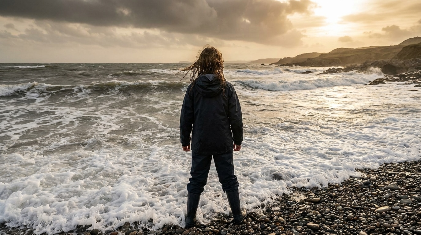 Adolescente debout face aux vagues sur une plage galloise