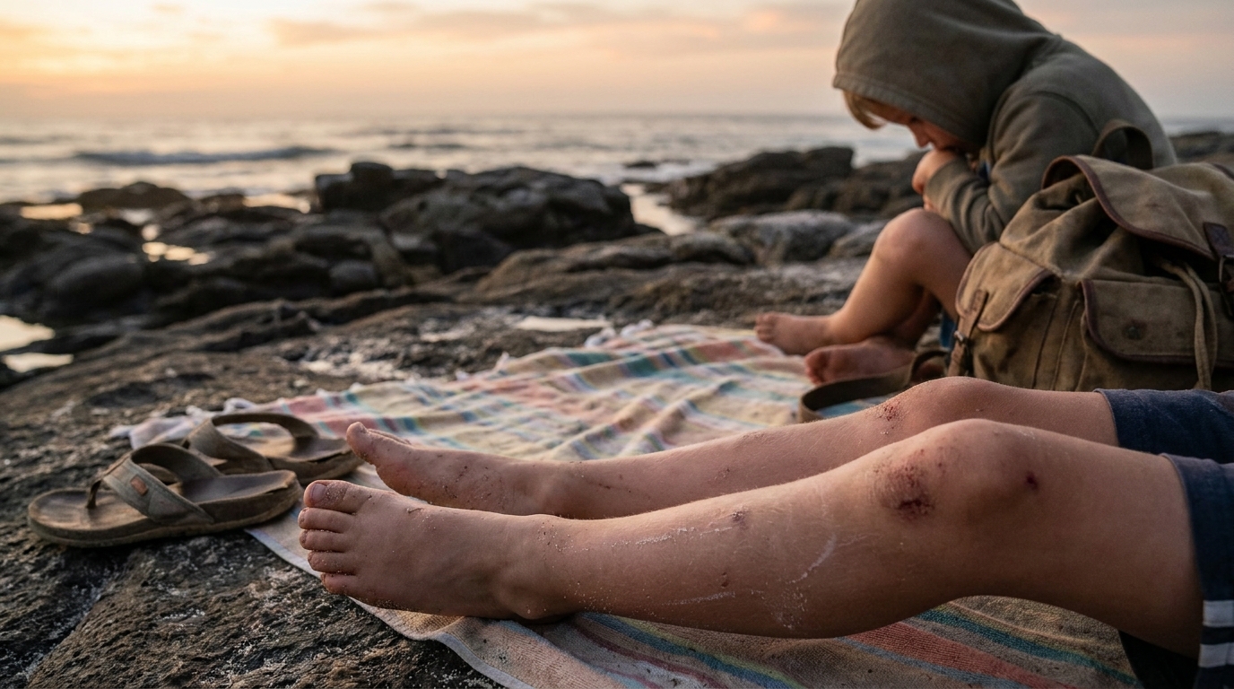 Jambes éraflées d'une jeune fille assise sur une serviette de plage