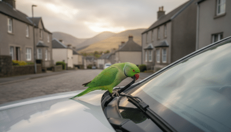 Perruche à collier verte sur le pare-brise d'une voiture