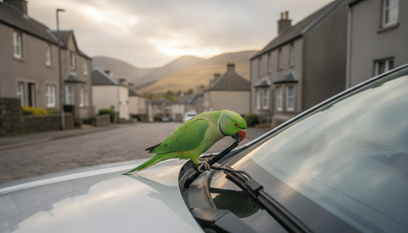 Perruche à collier verte sur le pare-brise d'une voiture