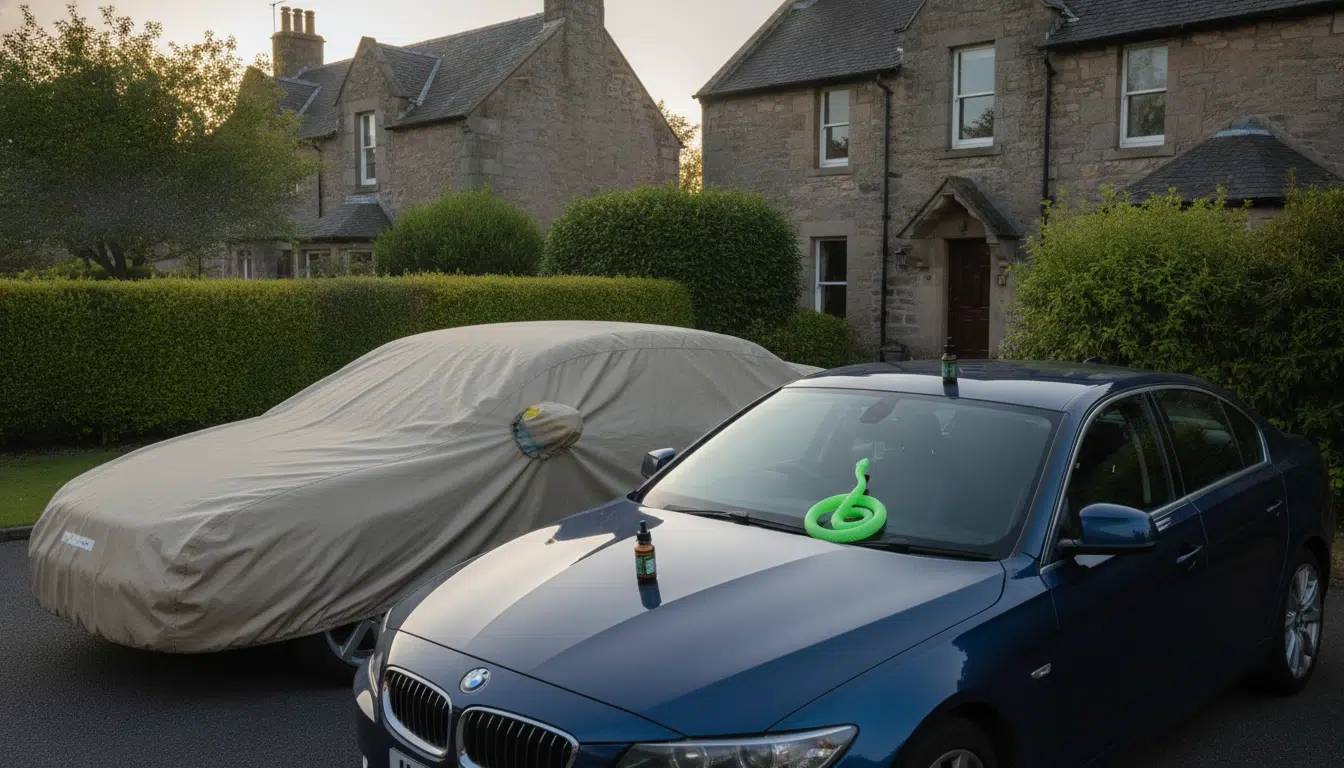 Voiture bâchée et faux serpent contre un perroquet vandale