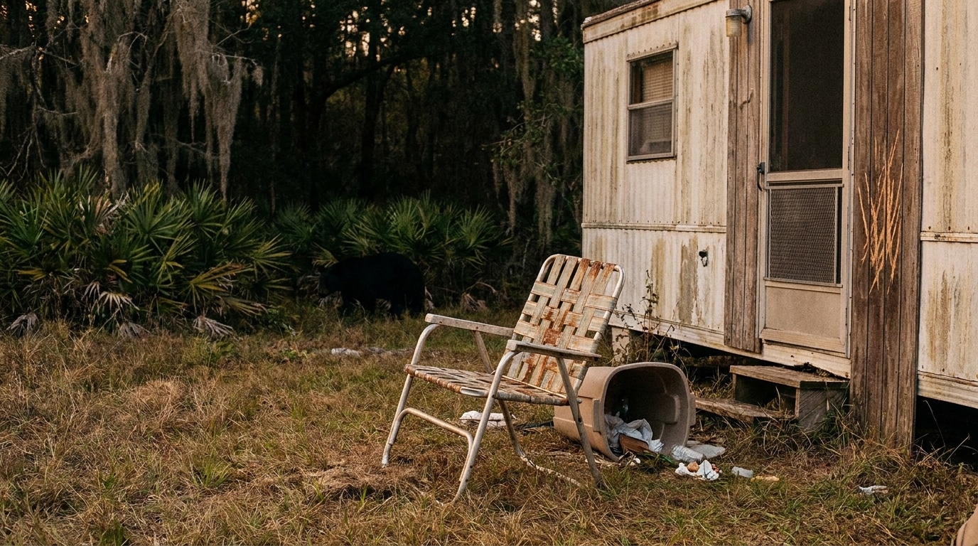 Chaise vide devant un mobil-home en Floride rurale