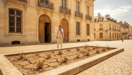 Élue locale devant une mairie en pleine canicule